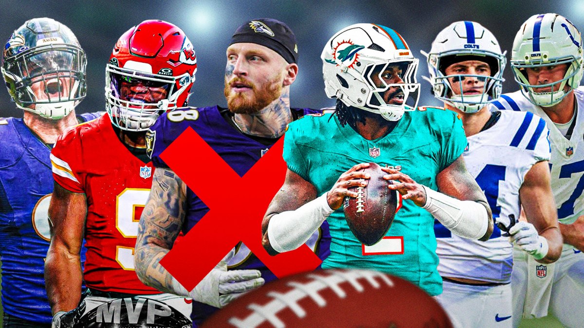 Maxx Crosby in a Ravens jersey with a red X over it after failed trade, Trey Hendrickson, Kenneth Walker III, Malik Willis, Alec Pierce, Daniel Jones