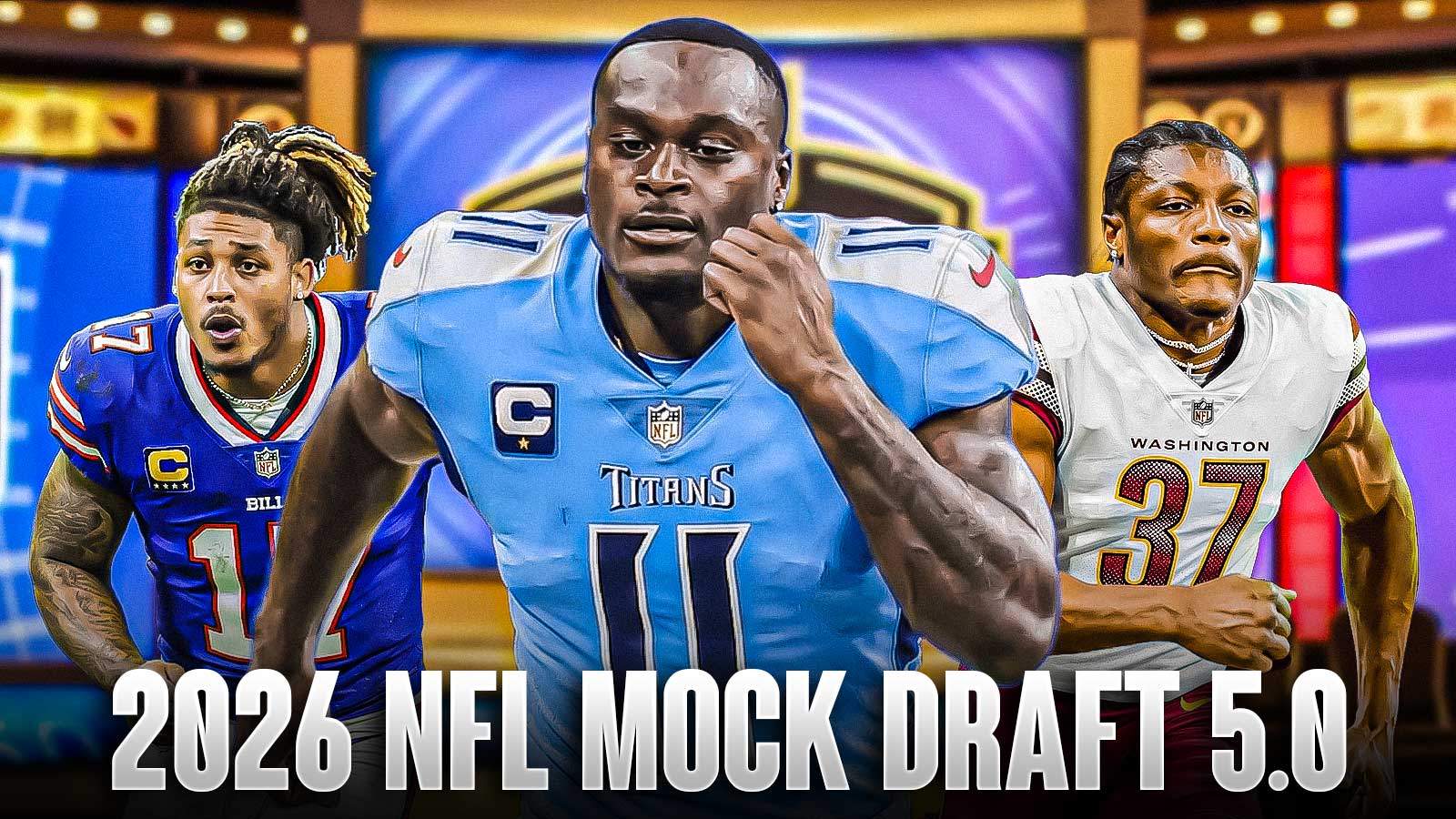 Jeremiyah Love in a Titans jersey, Carnell Tate in a Commanders jersey, and Cashius Howell in a Bills jersey with an NFL draft background and "2026 NFL Mock Draft 5.0" on the bottom