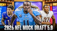 Jeremiyah Love in a Titans jersey, Carnell Tate in a Commanders jersey, and Cashius Howell in a Bills jersey with an NFL draft background and "2026 NFL Mock Draft 5.0" on the bottom