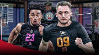 Haynes King and Kenyon Sadiq together with NFL Scouting Combine logo front and center. Around the graphic is a stopwatch, a vertical jump measurement, and a bench press