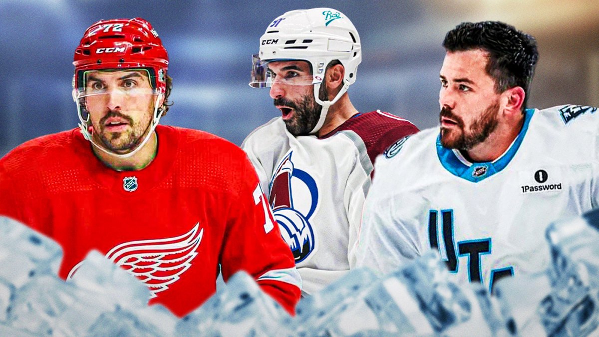 Nazem Kadri (Avalanche jersey), Justin Faulk (photoshopped in Red Wings jersey), MacKenzie Weegar (photoshopped in Mammoth jersey).
