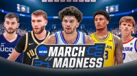 Cameron Boozer, Yaxel Lendeborg, Braden Smith, Alex Karaban, and Thomas Haugh all together. March Madness logo front and center.