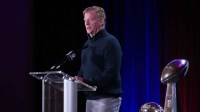 NFL commissioner Roger Goodell speaks flanked by the Vince Lombardi trophy during the Super Bowl LX winning head coach and most valuable player press conference at Moscone Center.