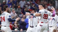United States outfielder Roman Anthony (3) celebrates a home run with infielder Bryce Harper (24)in the third inning against Mexico at Daikin Park.