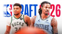Giannis Antetokounmpo (Bucks), Ja Morant (Grizzlies), 2026 NBA Draft logo