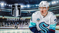 Bobby McMann with Kraken next to Stanley Cup Playoffs logo