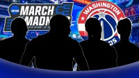 Four silhouettes of college basketball players under March Madness and Wizards logos