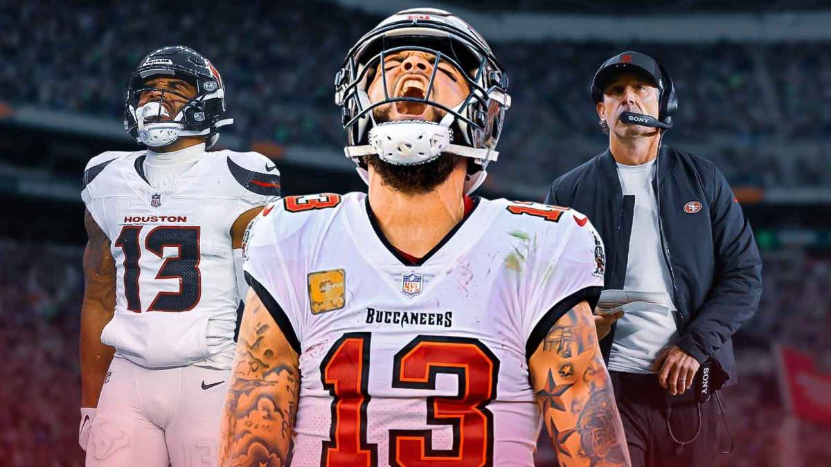 Mike Evans, Christian Kirk, coach Kyle Shanahan all beside each other, San Francisco 49ers logo in the background