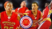 Derrick Rose, Blake Griffin, Michael Beasley, James Harden all together playing in McDonald's All-American Game. McDonald's All-American Game logo front and center.