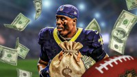 Travis Etienne (photoshopped in a Saints jersey; include jersey number) with tons of money all over the graphic.
