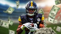 Rico Dowdle photoshopped in Steelers jersey (include jersey number) with money around the graphic