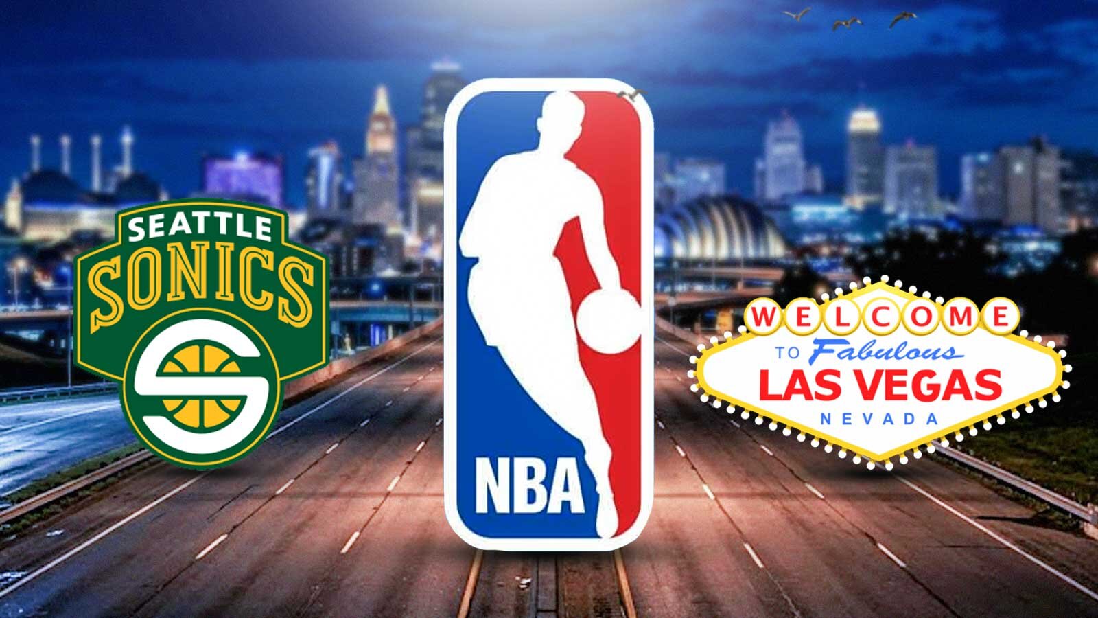 The background is the Kansas City skyline. NBA logo front and center surrounded by SuperSonics logo and "welcome to Las Vegas" sign.