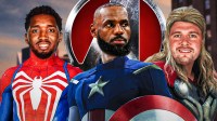 NBA players Donovan Mitchell, LeBron James, and Luka Doncic on the bodies of Marvel Avengers characters Spider-Man, Captain America, and Thor.