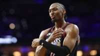 Philadelphia 76ers guard Tyrese Maxey (0) reacts during the first quarter aagainst the San Antonio Spurst Xfinity Mobile Arena.