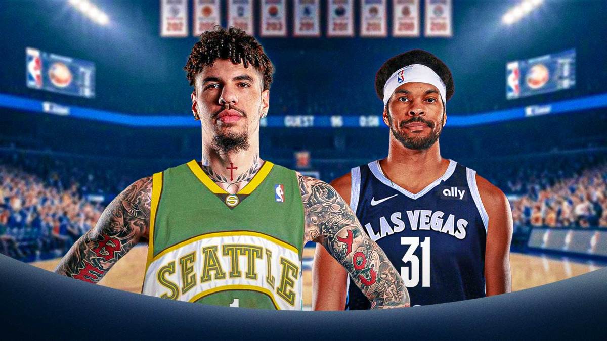 LaMelo Ball photoshopped in a Seattle SuperSonics jersey. Jarrett Allen photoshopped in a Las Vegas Aces jersey. Include jersey numbers.