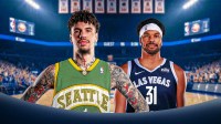 LaMelo Ball photoshopped in a Seattle SuperSonics jersey. Jarrett Allen photoshopped in a Las Vegas Aces jersey. Include jersey numbers.