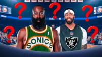 James Harden photoshopped in a Seattle SuperSonics jersey. Anthony Davis photoshopped in a Las Vegas Raiders jersey (Ideally this is Raides colors/logos, etc., but edited onto a basketball jersey rather than a football jersey. Question marks all around the graphic.