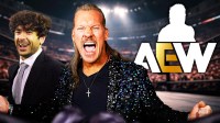 Tony Khan, Chris Jericho, AEW logo, and silhouette of Kenny Omega