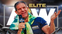 Professional wrestling journalist Dave Meltzer, who was seen at Dynamite, with AEW logo.