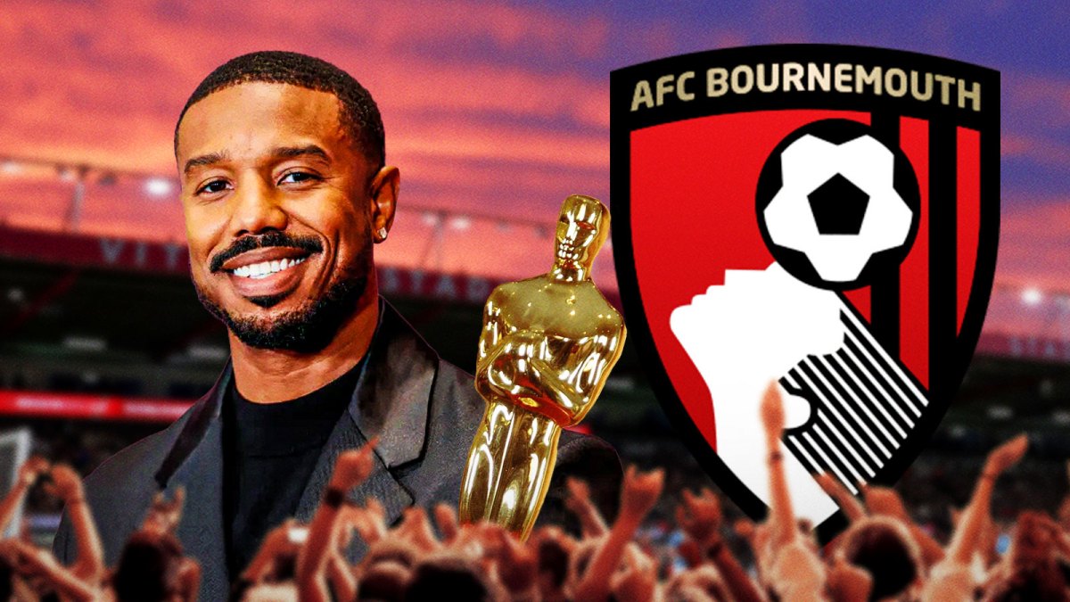 Oscar-winning actor Michael B. Jordan, who's a co-owner of Premier League's AFC Bournemouth, with club's logo and stadium background.