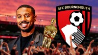 Oscar-winning actor Michael B. Jordan, who's a co-owner of Premier League's AFC Bournemouth, with club's logo and stadium background.
