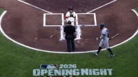 New York Yankees right fielder Aaron Judge (99) walks to the plate against the San Francisco Giants in the first inning at Oracle Park.