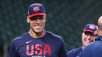 United States outfielder Aaron Judge (99) warms up before the game against Mexico at Daikin Park.
