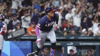 United States right fielder Aaron Judge (99) hits a home run during the first inning against Brazil at Daikin Park.
