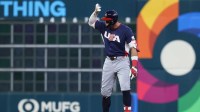 United States right fielder Aaron Judge (99) reacts after hitting a double during the first inning against Canada during a quarterfinal game of the 2026 World Baseball Classic at Daikin Park.
