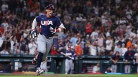 United States right fielder Aaron Judge (99) runs after hitting a double during the first inning against Canada during a quarterfinal game of the 2026 World Baseball Classic at Daikin Park.