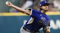 Italy starting pitcher Aaron Nola (27) pitches against Mexico in the fifth inning at Daikin Park.