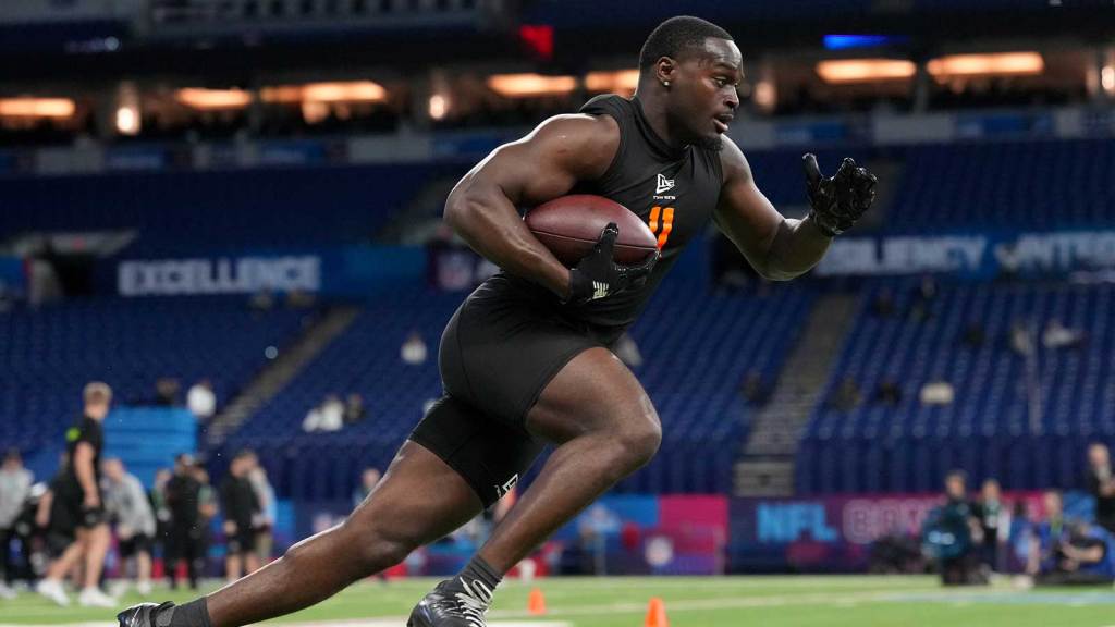 Notre Dame running back Jeremiyah Love (RB11) during the NFL Scouting Combine at Lucas Oil Stadium.