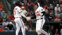 Baltimore Orioles catcher Adley Rutschman (35) is congratulated by second base Jackson Holliday (7) after he hit a 2-run home run during the fourth inning against the Minnesota Twins at Ed Smith Stadium.