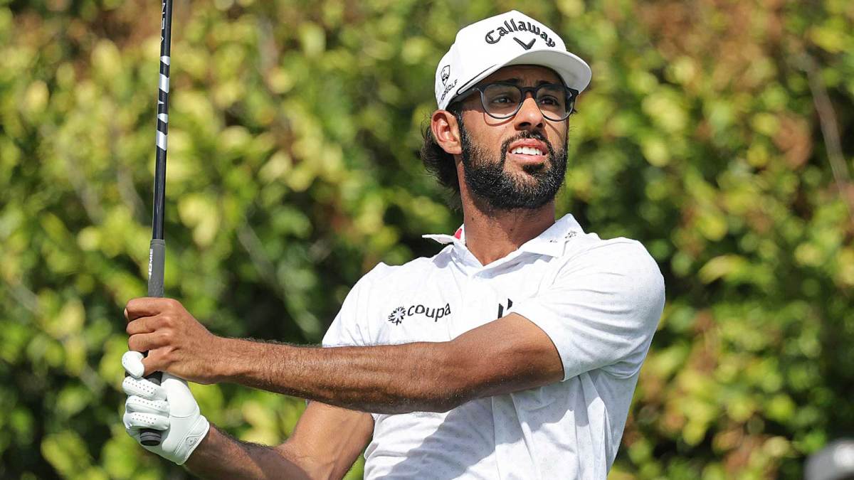Akshay Bhatia plays his shot from the ninth tee during the final round of the Arnold Palmer Invitational golf tournament.