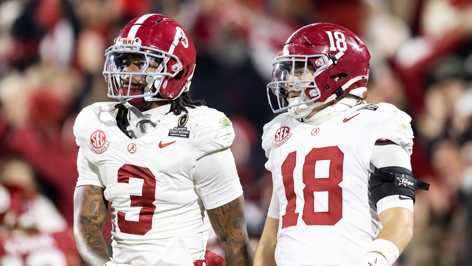 Alabama Crimson Tide defensive back Keon Sabb (3) and defensive back Bray Hubbard (18) against the Oklahoma Sooners during the CFP National Playoff First Round at Gaylord Family Oklahoma Memorial Stadium.