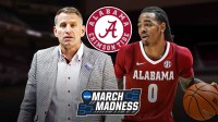 Alabama HC Nate Oats with Alabama PG Labaron Philon. Alabama Crimson Tide logo and March Madness logo behind them.