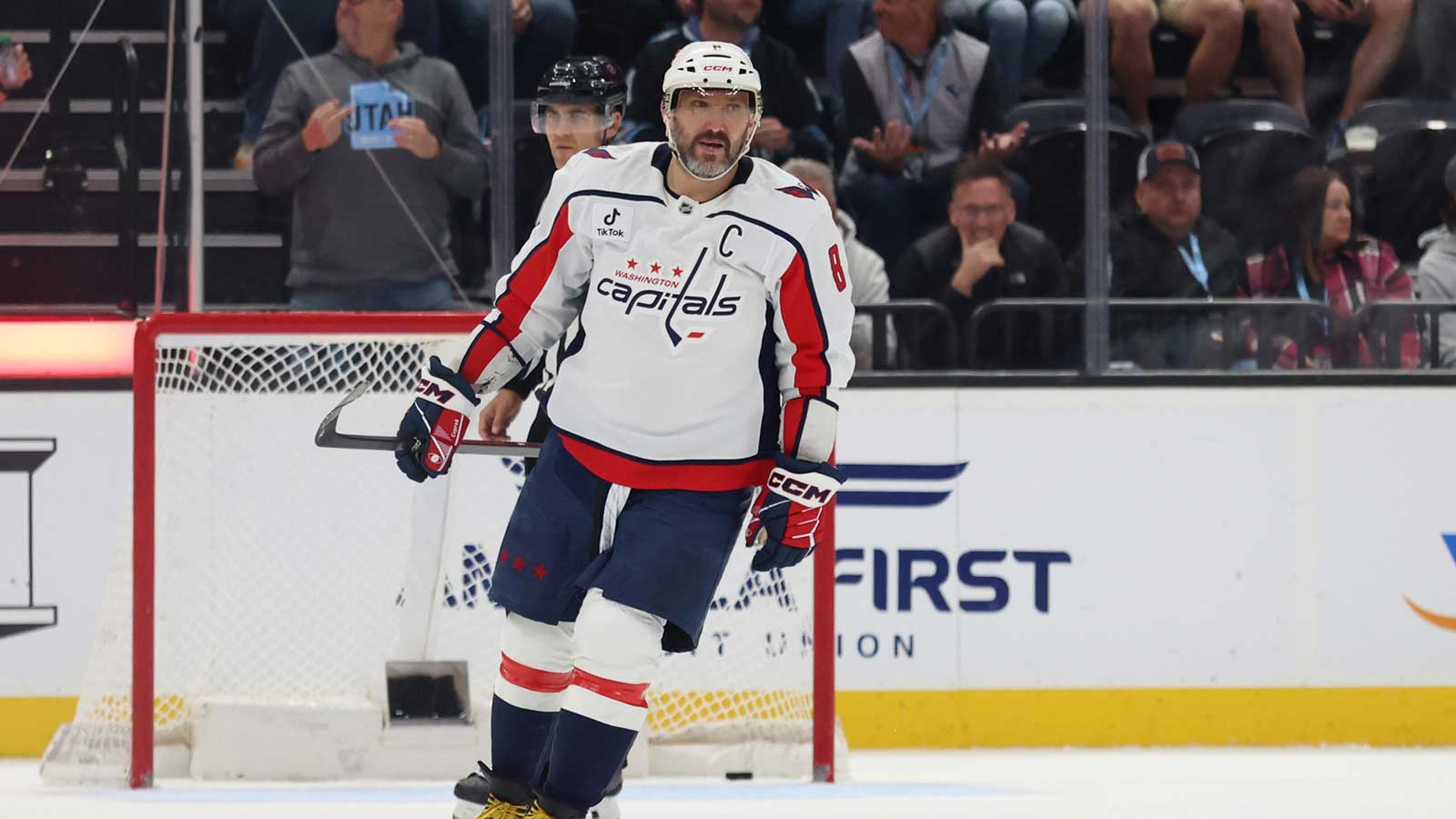 Washington Capitals left wing Alex Ovechkin (8) scores an open net goal to complete a hat trick (three goals) during the third period of a game against the Utah Mammoth at Delta Center.