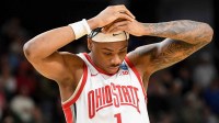 Ohio State Buckeyes forward Amare Bynum (1) reacts after the game ends Thursday, March 19, 2026, during the NCAA Men’s Basketball Tournament first round game against the TCU Horned Frogs at Bon Secours Wellness Arena in Greenville, South Carolina.