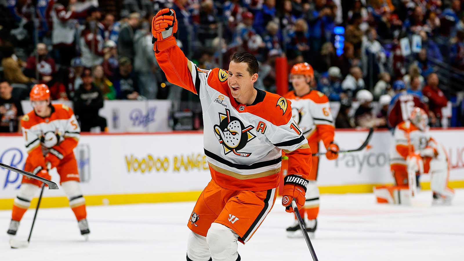 Anaheim Ducks center Ryan Strome (16) before the game against the Colorado Avalanche at Ball Arena.
