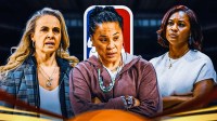 Becky Hammon, Dawn Staley, Niele Ivey with NBA logo behind them