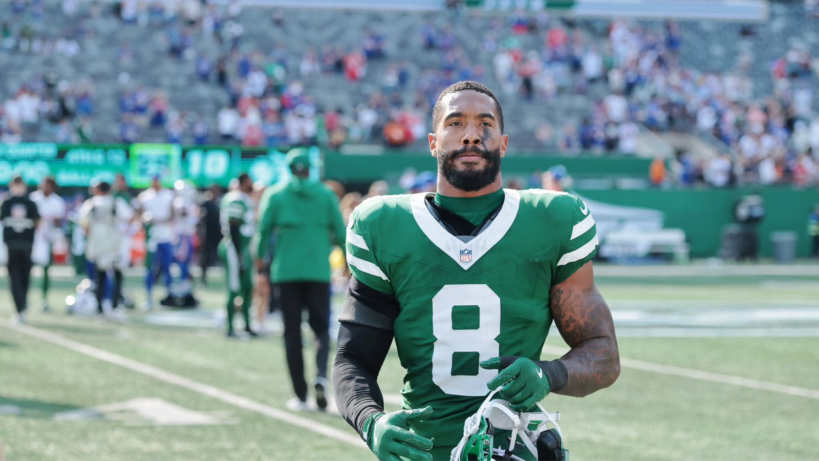 New York Jets safety Andre Cisco (8) after the game against the Buffalo Bills at MetLife Stadium