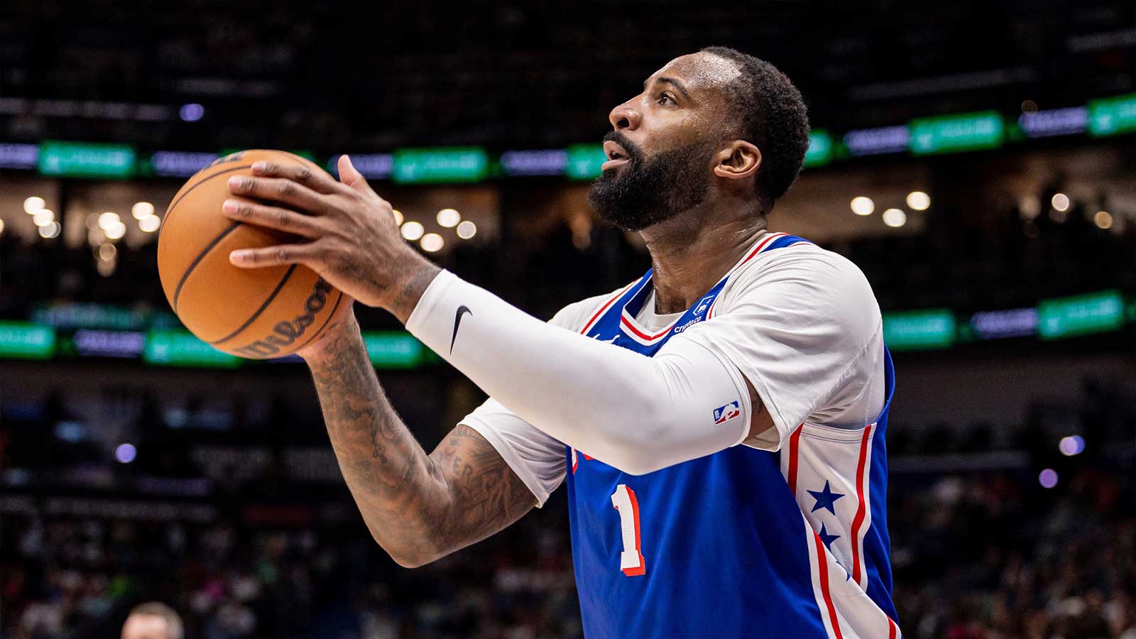 Philadelphia 76ers center Andre Drummond (1) shoots a three point basket against the New Orleans Pelicans during the first half at Smoothie King Center. 
