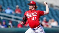 Cincinnati Reds pitcher Andrew Abbott (41) throws a pitch in the first inning of a Cactus League game between the Cincinnati Reds and Kansas City Royals at Goodyear Ballpark in Goodyear, Ariz.