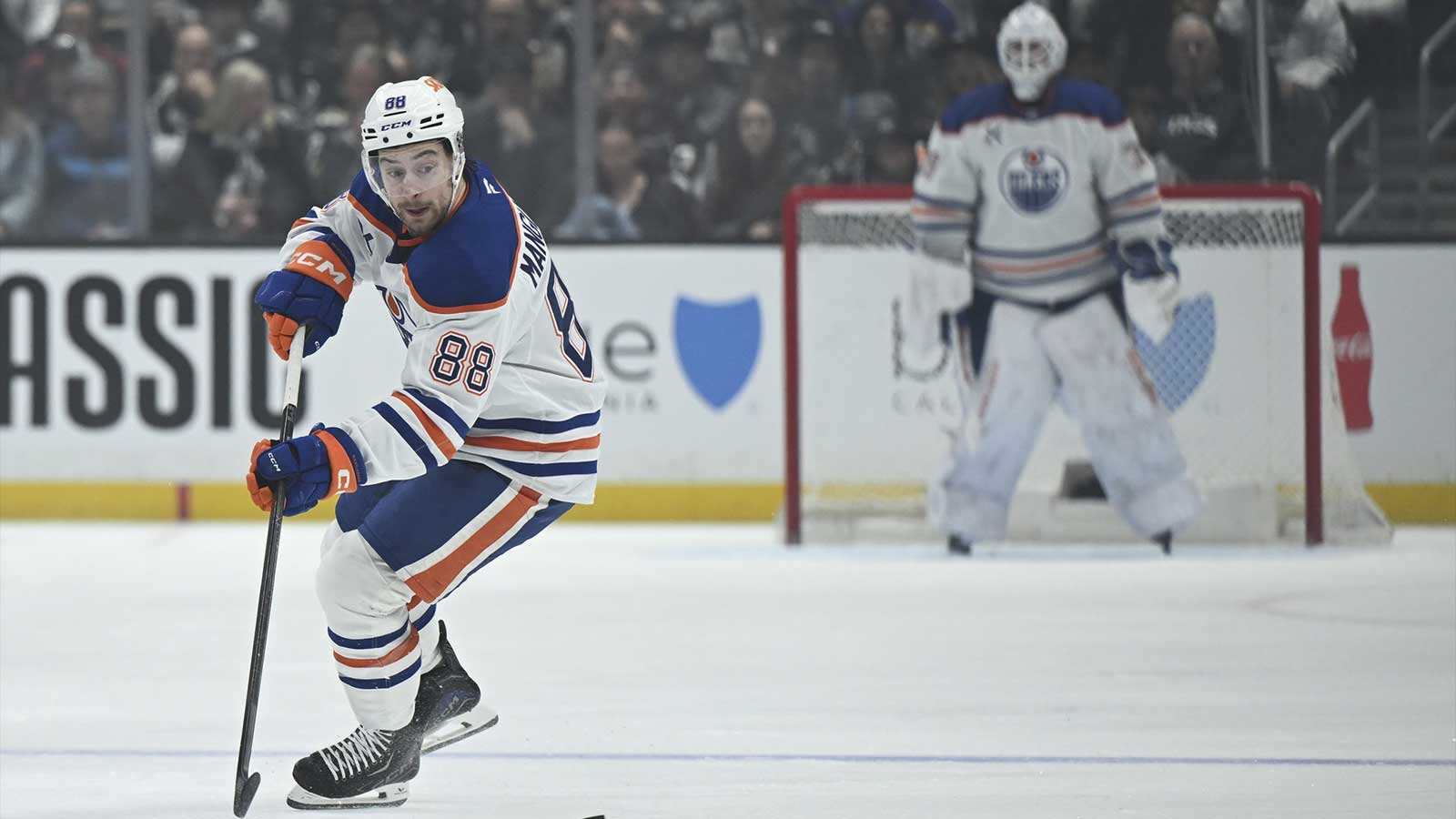 Edmonton Oilers left wing Andrew Mangiapane (88) advances the puck down the ice during the first period of a game between the Edmonton Oilers and the Los Angeles Kings at Crypto.com Arena.
