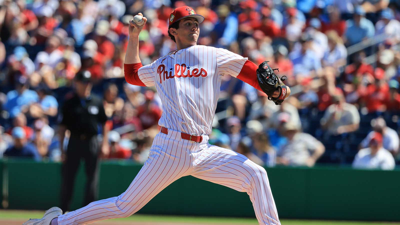 Philadelphia Phillies pitcher Andrew Painter (76) throws a pitch during the first inning against the Toronto Blue Jays at BayCare Ballpark