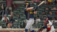 Milwaukee Brewers first base Andrew Vaughn (28) bats against the Atlanta Braves during the ninth inning at Truist Park.