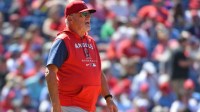 Los Angeles Angels manager Joe Maddon (70) walks to the mound against the Philadelphia Phillies during the fifth inning at Citizens Bank Park.
