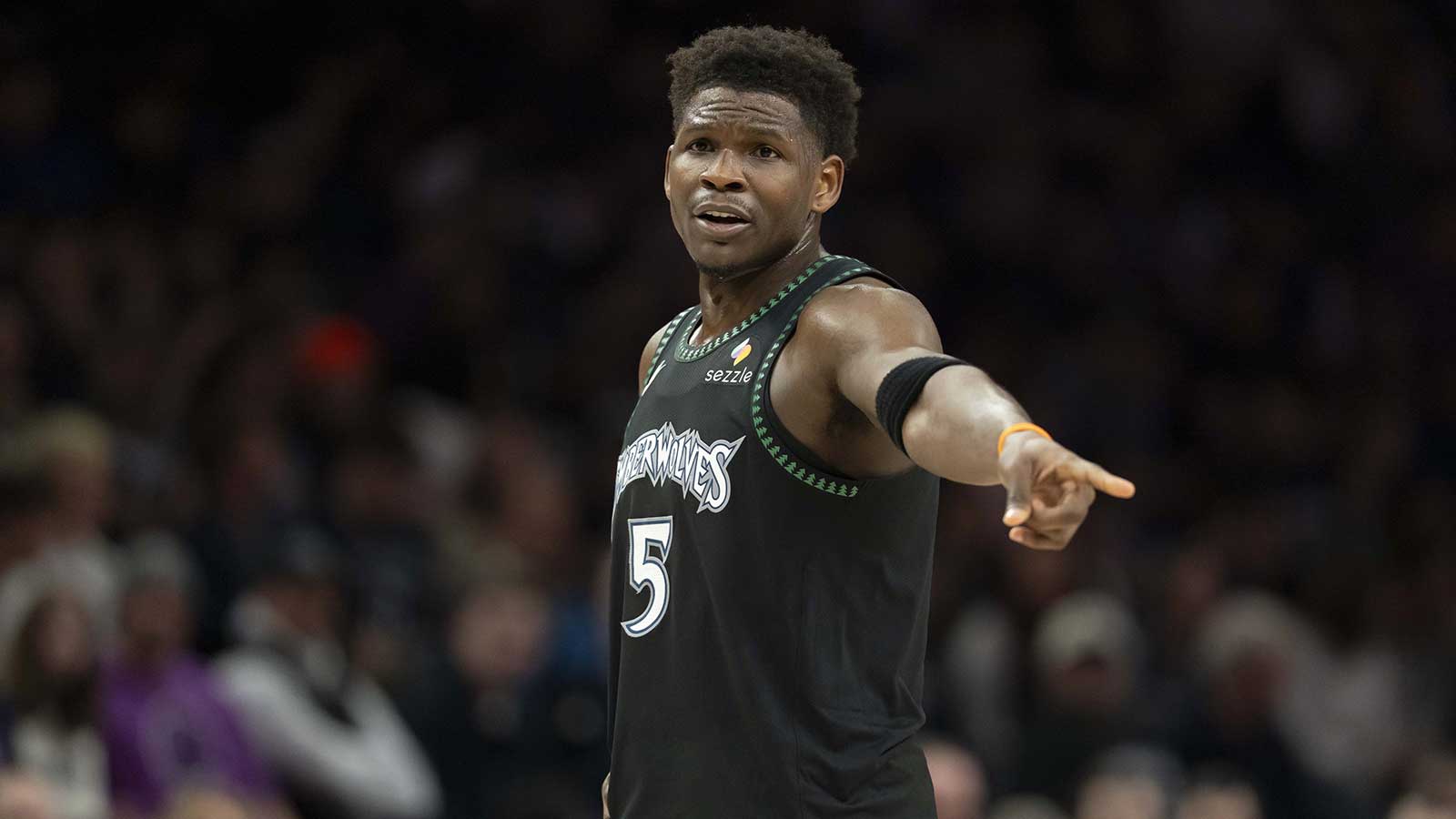 Minnesota Timberwolves guard Anthony Edwards (5) looks on during a free throws against the Toronto Raptors in the first half at Target Center. 