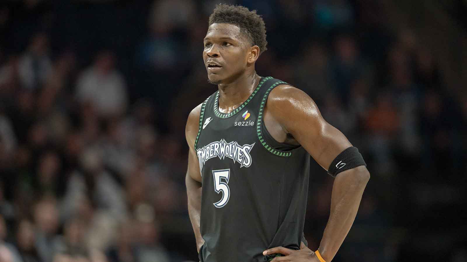 Minnesota Timberwolves guard Anthony Edwards (5) in the second half against the Memphis Grizzlies at Target Center