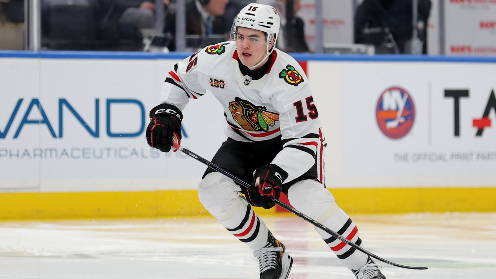 Chicago Blackhawks center Anton Frondell (15) skates against the New York Islanders during the second period at UBS Arena.